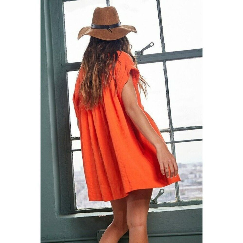 Bucketlist Collared Button Up Tunic Length Top Mini Dress in Tomato Red T1788 - Picture 5 of 6